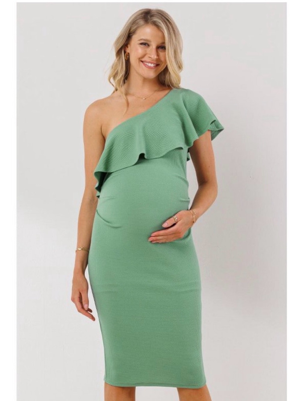 Hello MIZ One-Shoulder Ruffle Maternity Dress in Sage